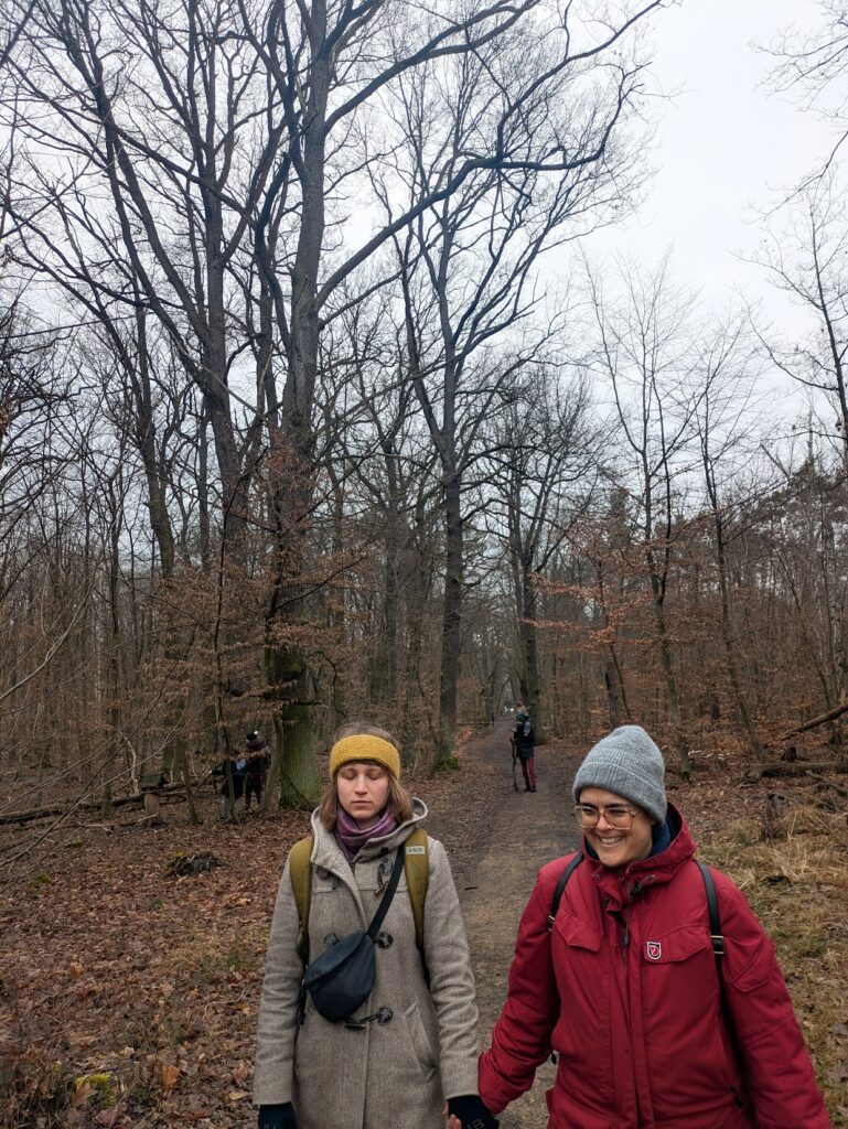 Teilnehmer beim Waldbaden und Achtsamkeitsübungen in der Dölauer Heide, Halle Saale.